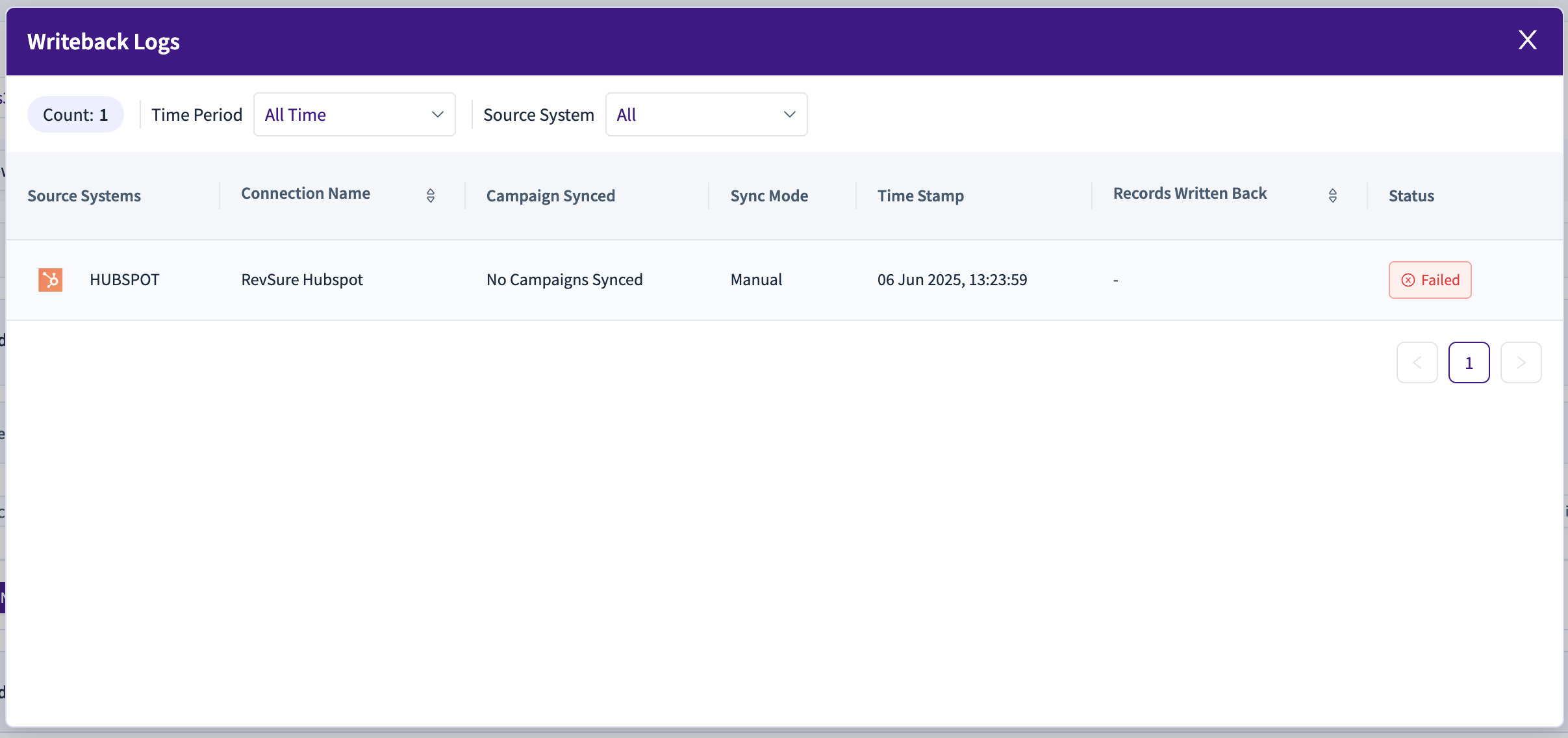 Writeback logs showing connection status and sync details for HubSpot campaigns.